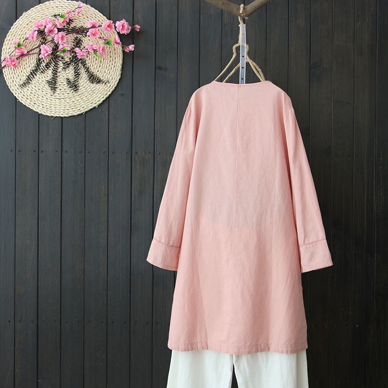 Set quần áo vải cotton lanh dài tay cổ tròn thêu họa tiết phong cách Trung Hoa cổ điển thời trang cho nữ