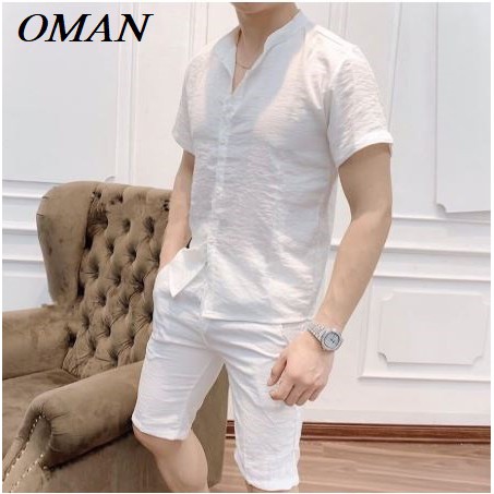 Đồ bộ nam mùa hè, bộ quần áo đũi Linen nam cổ tàu, cổ bẻ dày dặn - OMAN BH21