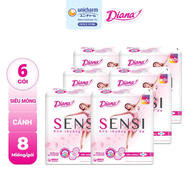 Bộ 6 gói Băng vệ sinh Diana Sensi siêu mỏng cánh gói 8 miếng