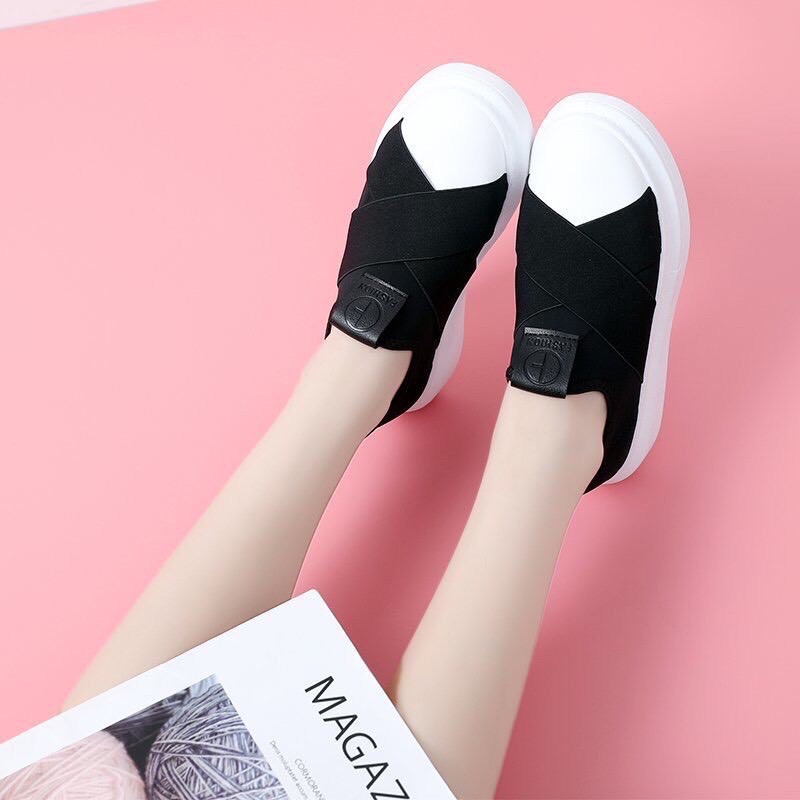 (Big Sales} GIÀY SLIP ON NỮ ĐẾ CAO QUAI CHÉO CHUN X (Giày Slip on đế trắng)