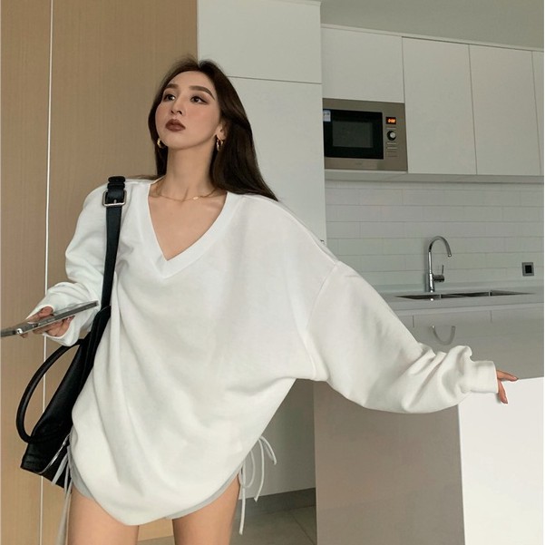 QADCOL Áo thun lửng dài tay cổ chữ V dáng rộng thời trang cho nữ