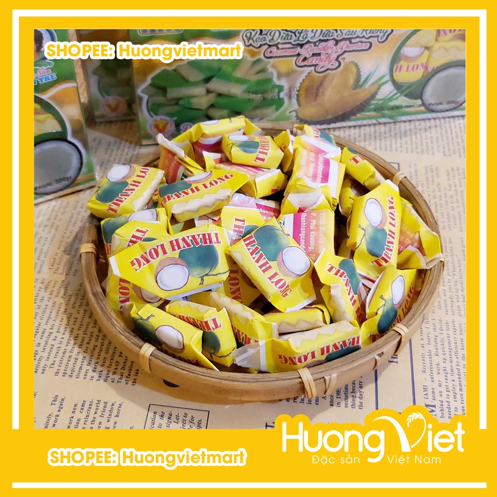 Kẹo dừa lá dứa sầu riêng Thanh Long 300g, kẹo dừa Bến Tre gia truyền