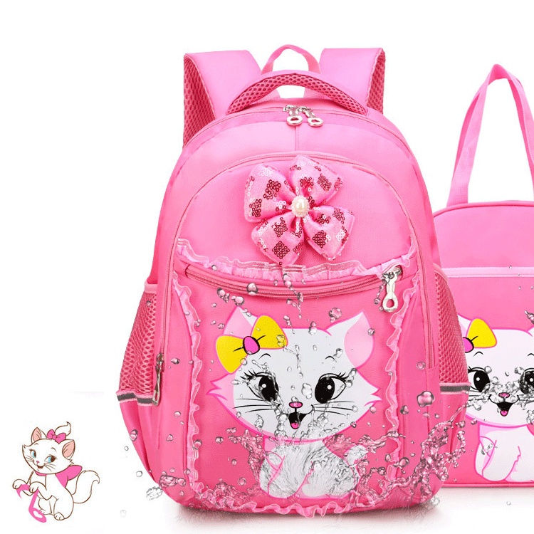 Balo đi học cho bé gái hình mèo dễ thương màu hồng siêu dễ thương chất liệu vải Polyester, cặp sách tiểu học