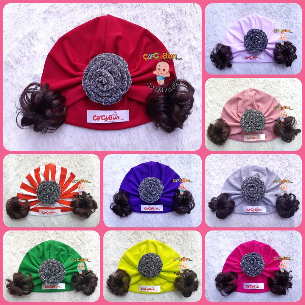 Mũ Nón Turban Cho Bé Thun Cotton Đính Bông Hồng Cuốn Xám Kim Tuyến Kèm Tóc Giả - Có Size Cho Bé Từ Sơ Sinh !