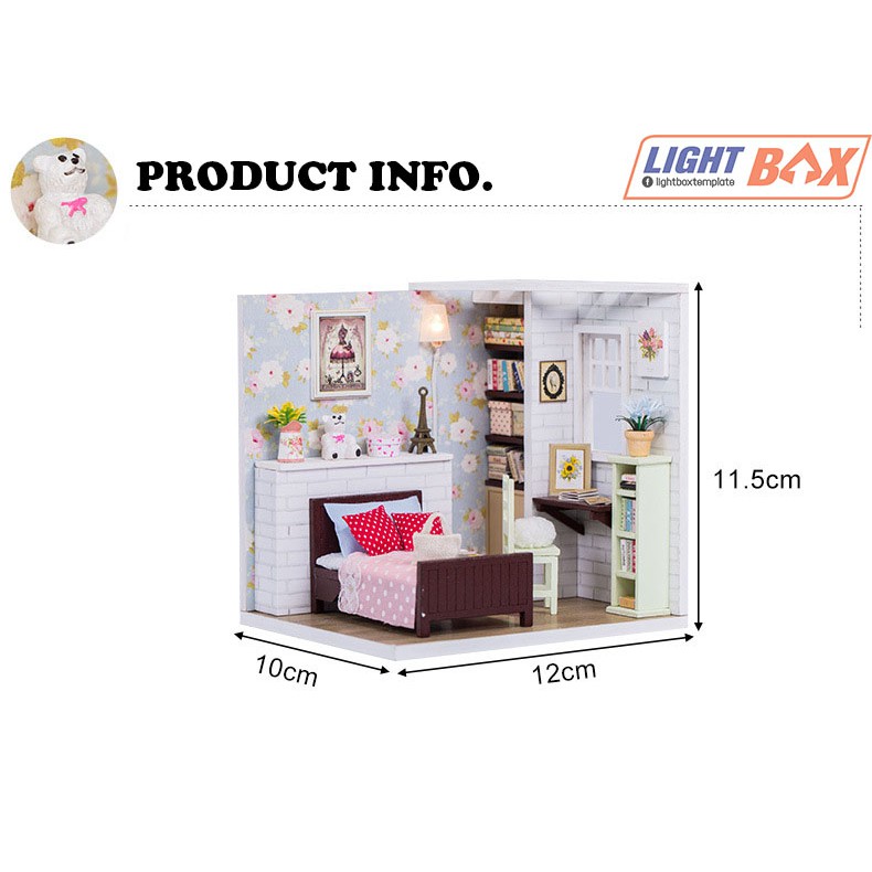 Nhà búp bê Tự làm bằng gỗ [Nhà DOLLY PAVILION có nội thất &amp; đèn led ] Tặng kèm khung MICA + dụng cụ keo