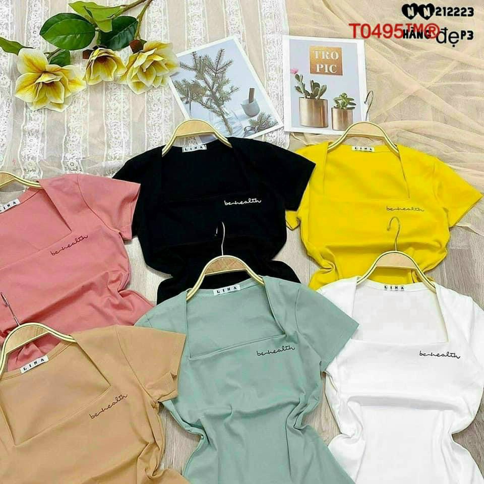 áo kiểu cổ vuông tay ngắn thêu chữ