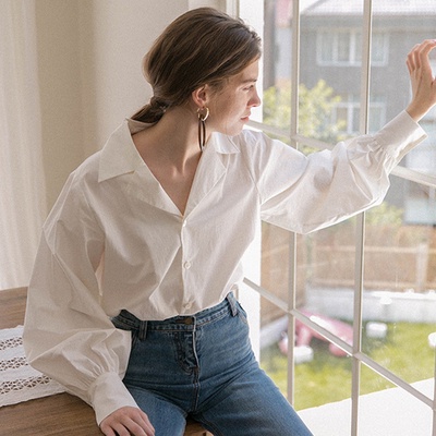 SUXI Áo Sơ Mi Tay Dài Phồng Màu Sắc Trơn Cổ Điển Thời Trang Cho Nữ