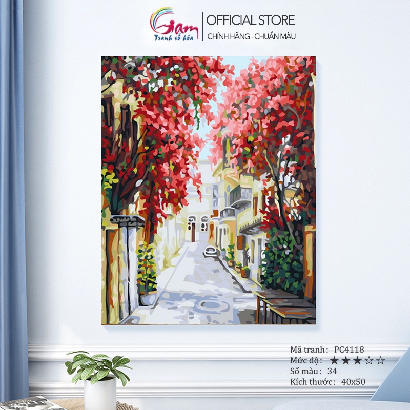Tranh sơn dầu số hoá phong cảnh thị trấn hoa giấy GAM trang trí treo tường 40x50cm PC4118