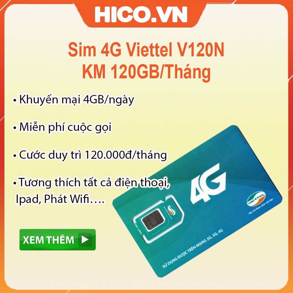 Sim 4G Viettel V90 V120 V120N khuyến mại 120GB , Free gọi nội mạng, ngoại mạng + Quà tặng hấp dẫn