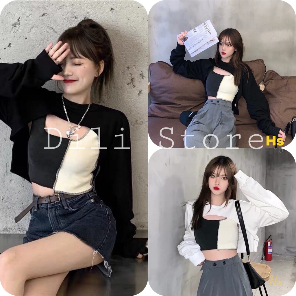 Bộ Áo Croptop Nữ 🍉Phối Màu Đen Trắng set áo croptop KA Closet 2 món áo ngoài,áo trong mặc được 2 kiểu chất zip cotton