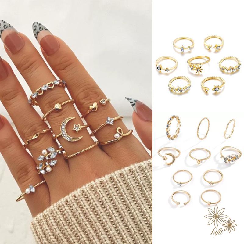 【kifli】Bộ nhẫn 17KM mạ vàng / bạc đính ngọc trai giả họa tiết rắn / xoắn / trái tim / bướm cá tính