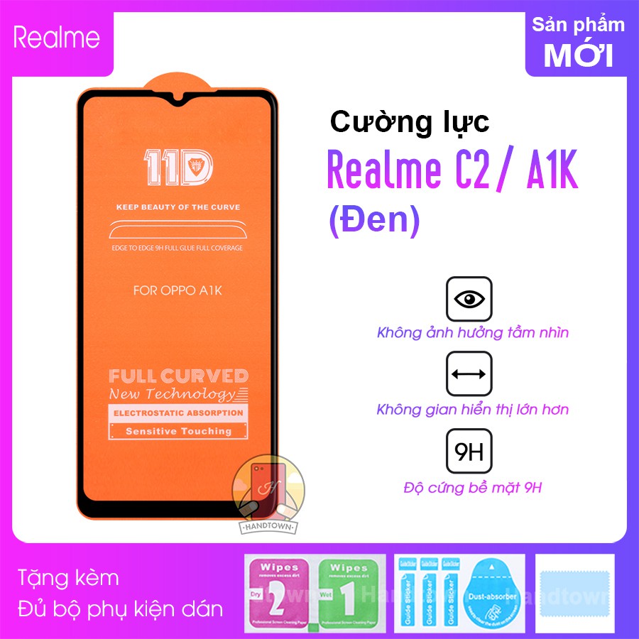 Kính Cường Lực 11D Realme C2 / Oppo A1k Full Màn Đen MIETUBL
