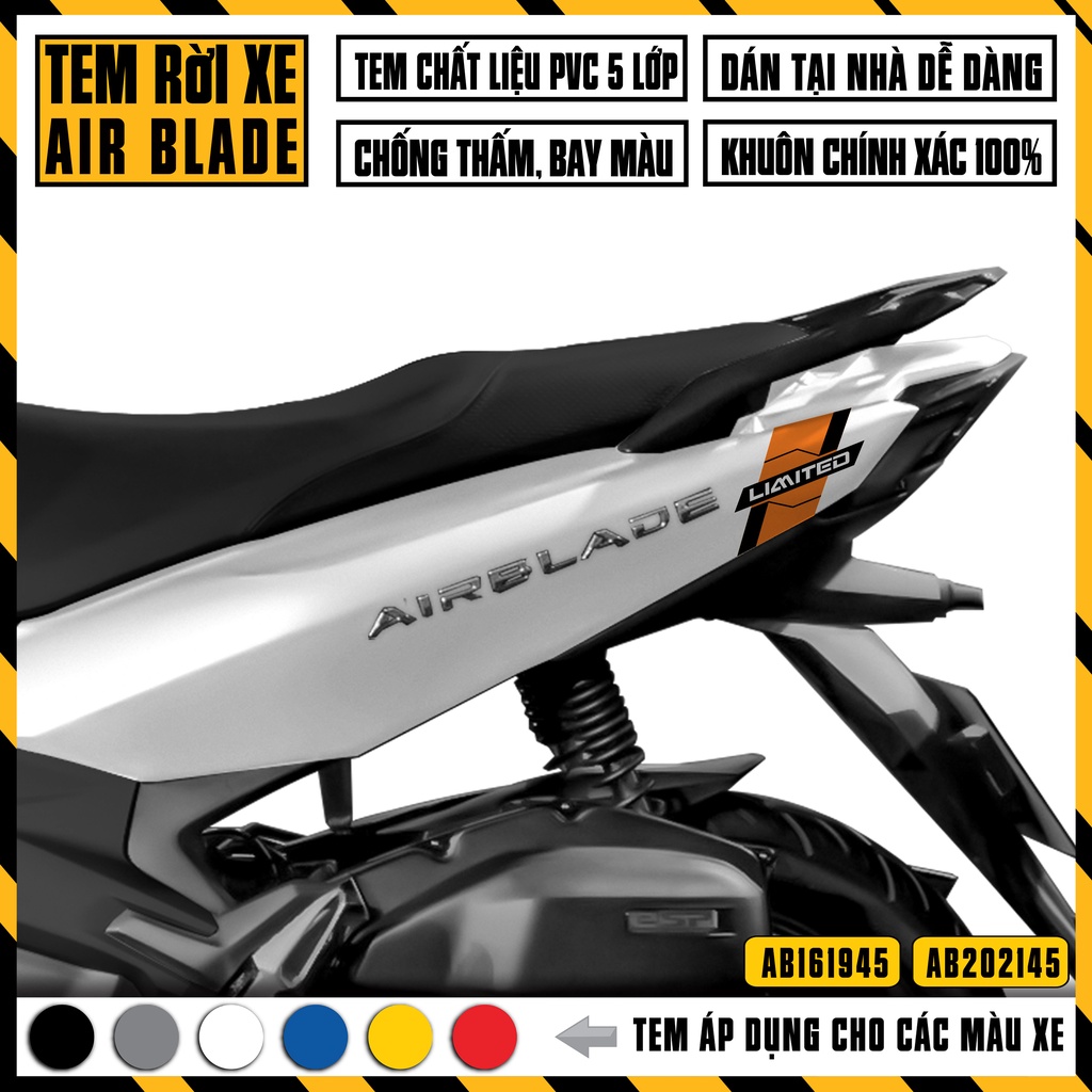 Tem AirBlade AB Thiết Kế Limited | AB45 | Decal Dán Xe Máy Air Blade 2016 2019 2020 2021 2022 Đỏ Đen Trắng Vàng Xanh ...
