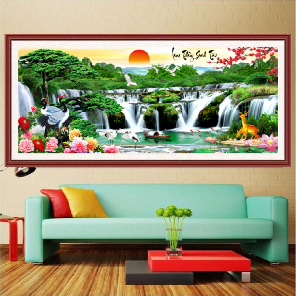 Tranh thêu chữ thập phong cảnh Lưu thủy sinh tài (120x55cm)