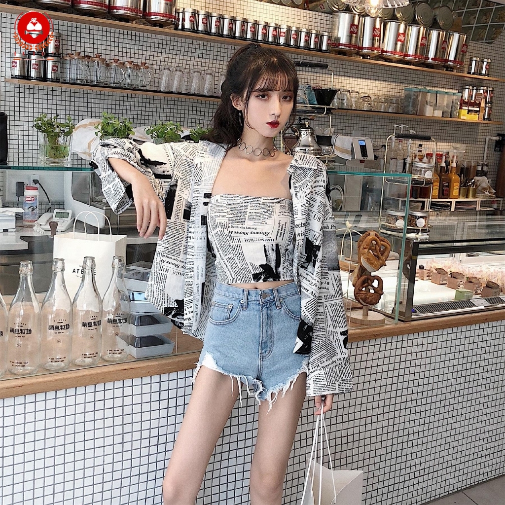 Áo Croptop Dài Tay In Họa Tiết Tờ Báo Phong Cách Retro