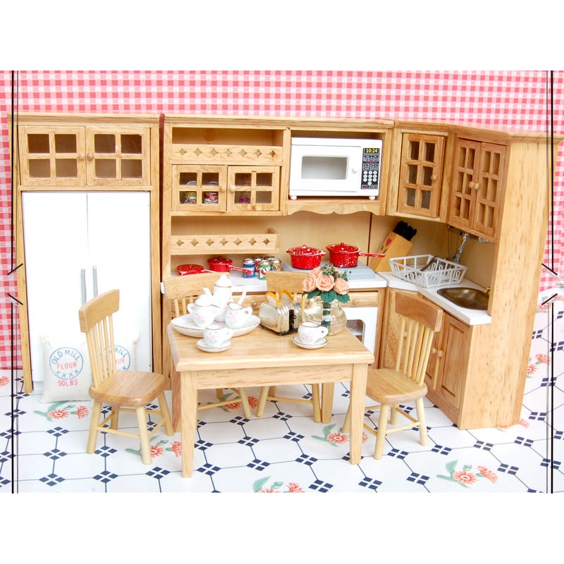 Bộ Bàn Ghế Gỗ Mini 1: 12 + 4 Ghế Màu Trắng Trang Trí Nhà Búp Bê