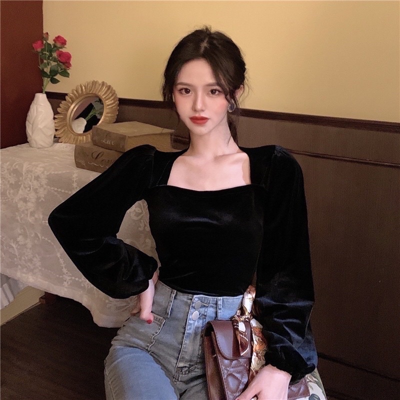Áo nhung cổ vuông tay bồng!