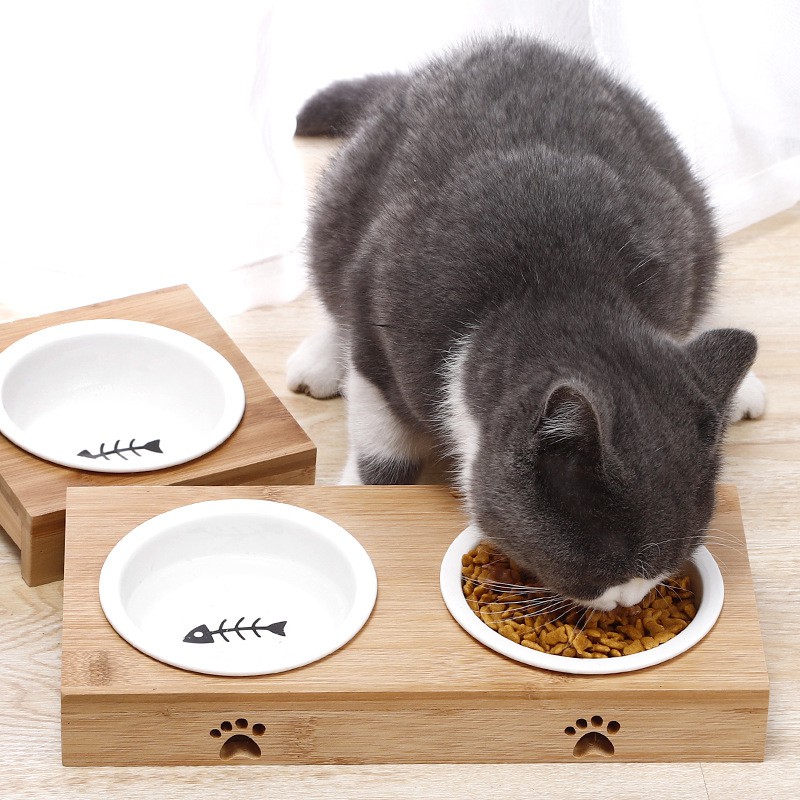 Bát sứ kệ gỗ chống lật cho chó mèo