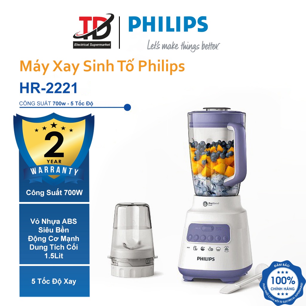 Máy Xay Sinh Tố Philips HR2221 - Công suất 700W Xay Đá , Xay Hạt - Bảo Hành Chính Hãng 2 Năm