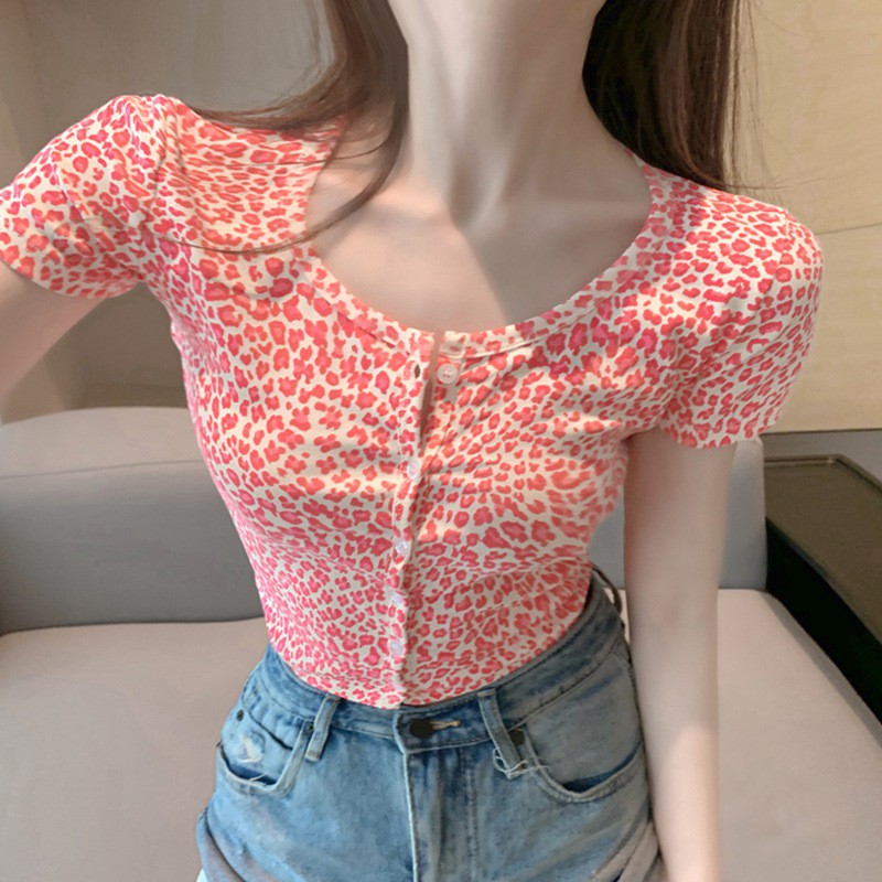 Áo Thun Nữ Ngắn Tay Họa Tiết Da Báo Thời Trang