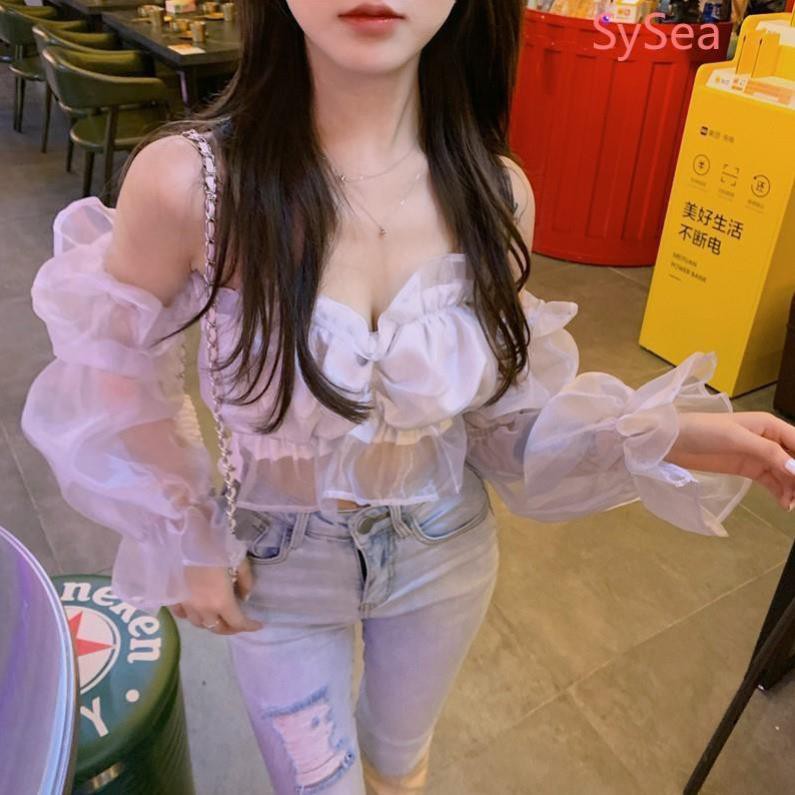 Áo Croptop Chất Chiffon Tay Dài Thiết Kế Trễ Vai Quyến Rũ Đẹp