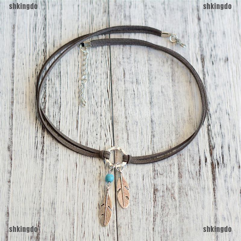 Vòng cổ choker mặt dây hình lông vũ bằng kim loại phong cách Bohemian