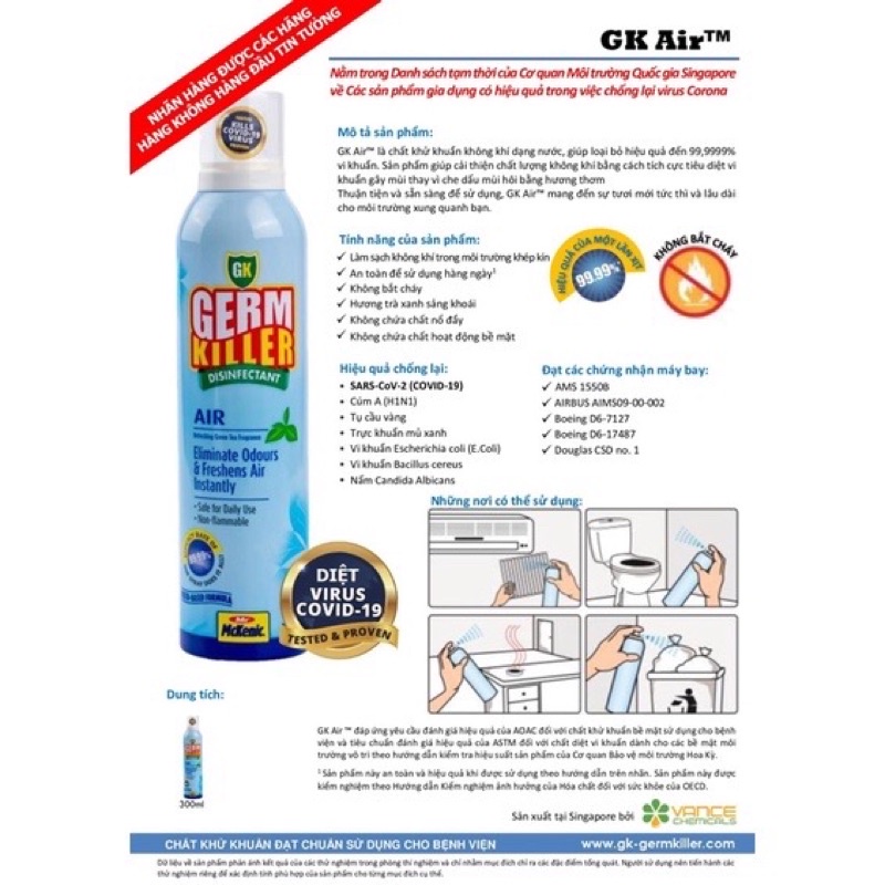 Bình xịt diệt khuẩn, làm sạch không khí Mr McKenic Germ Killer GK Air 300ml