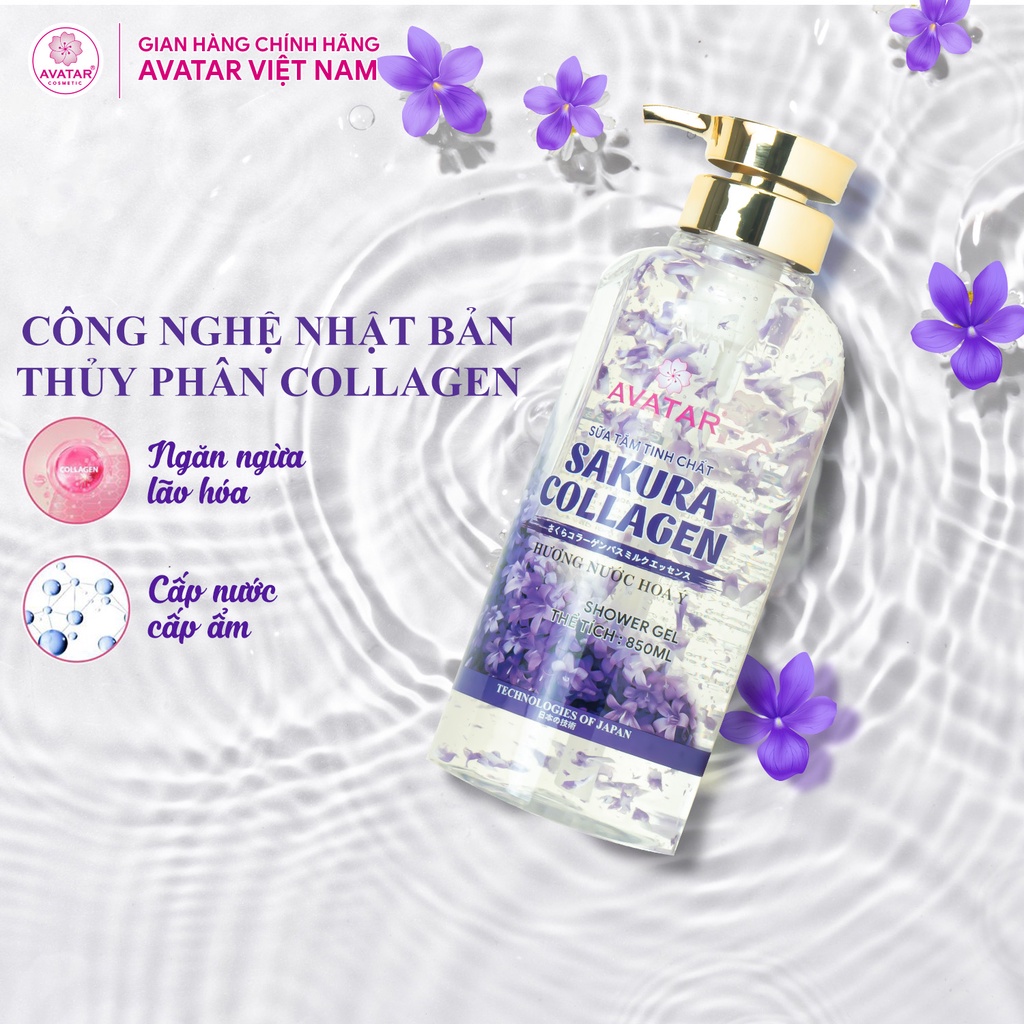 Sữa Tắm Sakura Avatar Tinh Chất Collagen Hương Nước Hoa Ý Phục Hồi Da , Chống Lão Hóa, Trắng Da 850ml (Hoa Tím)