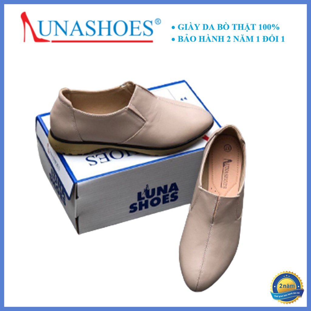 Giày slip on, giày lười nữ da bò thật LUNASHOES 705 giầy moca nữ cho mẹ đi êm chân dễ phối đồ trung niên