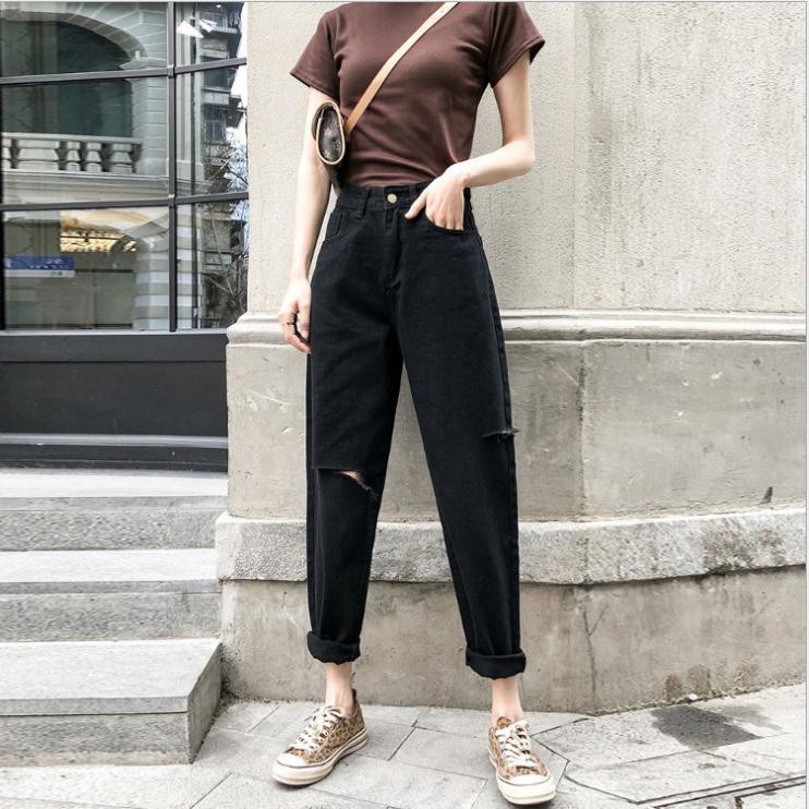 [Jean baggy] Quần jean nữ đen chất vải bò rách tua cute NQ14 | BigBuy360 - bigbuy360.vn