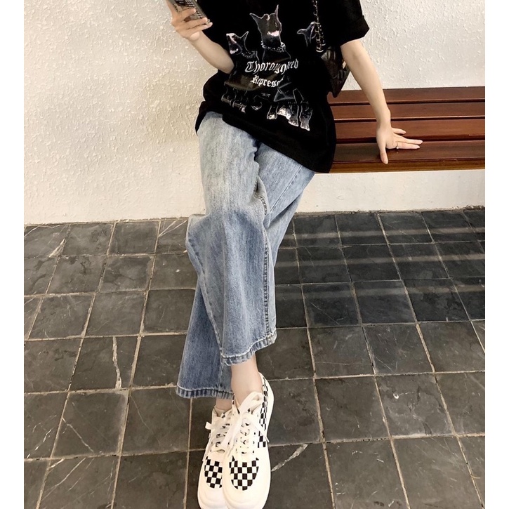 Quần bò suông 2 cúc cạp cao