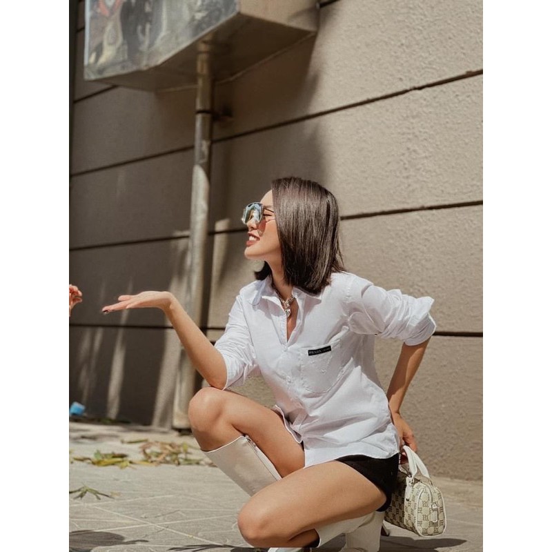 ANU163 - ÁO SƠ MI NỮ TRẮNG RÚT SƯỜN PRADA