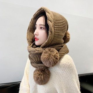 Mũ Len Kiêm Khăn Choàng Cổ Giúp Giữ Ấm Kiểu Cách Hàn Quốc