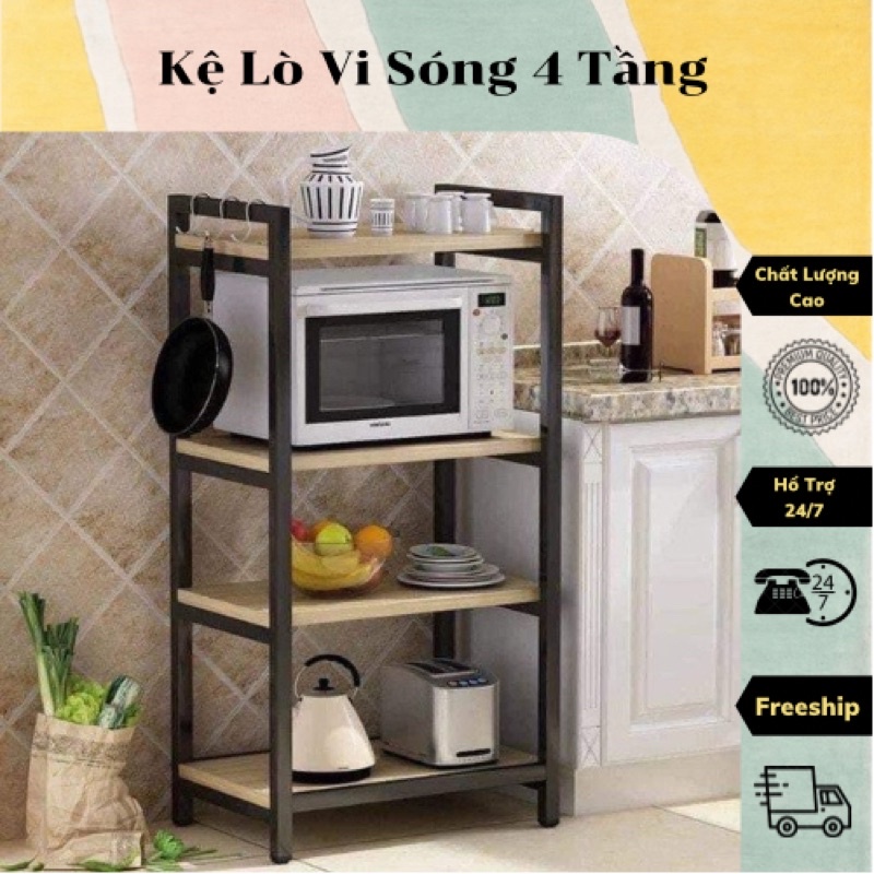 Kệ lò vi sóng 4 tầng, kệ đựng đồ đa năng khung sắt mặt sàn gỗ cực chắc chắn