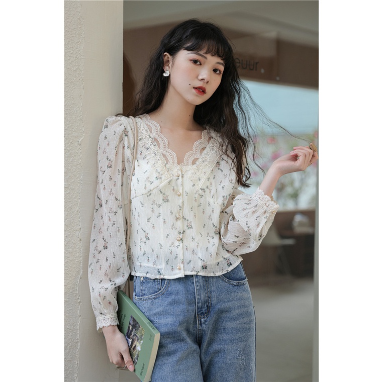 Áo Sơ Mi Voan Cổ V Dài Tay In Hoa Phong Cách Pháp 49271