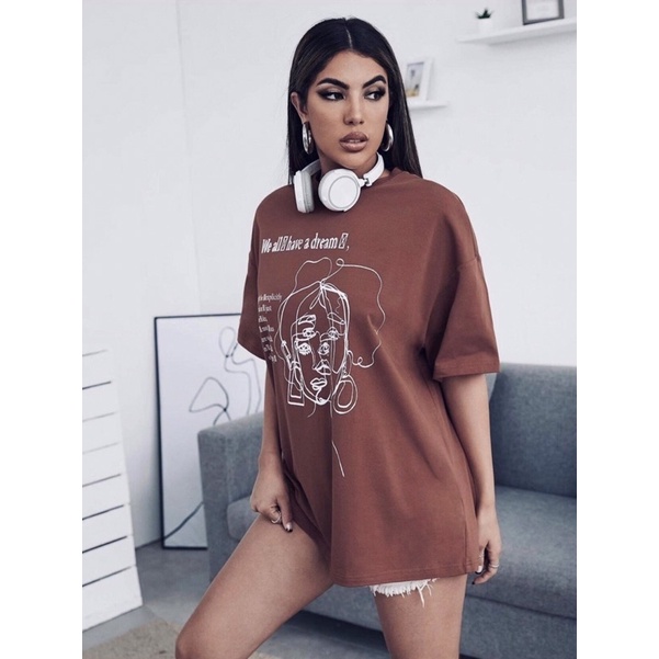Áo cánh dơi form rộng cotton in mặt cô gái, 2 màu