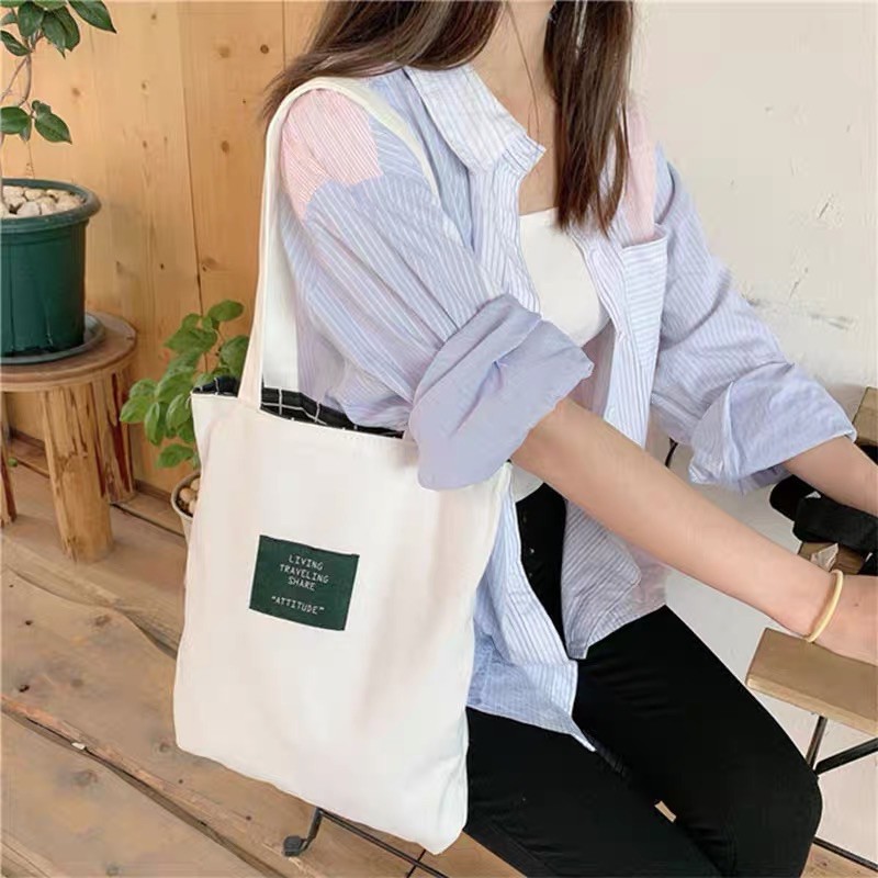 Túi ô vuông vừa a4 vải tote canvas