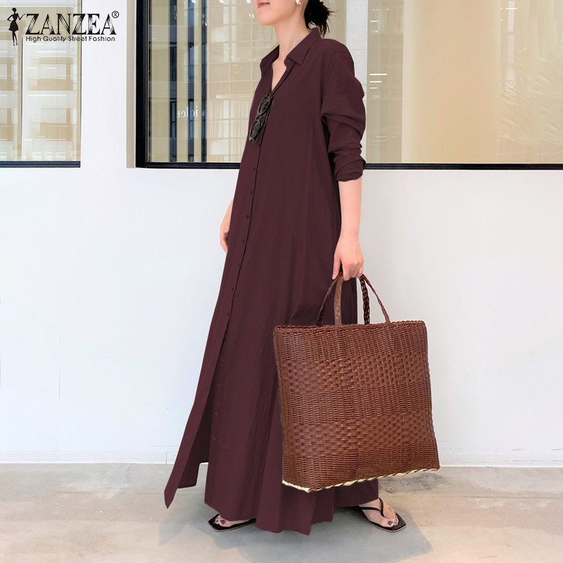 Đầm maxi Zanzea tay dài xẻ tà màu trơn thời trang cho nữ