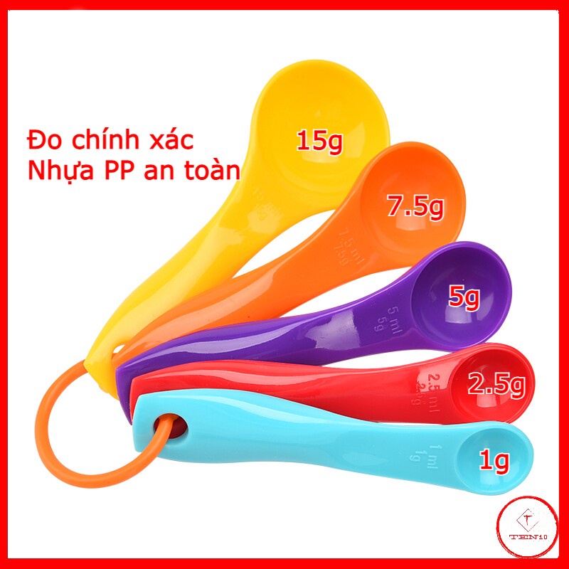 Muỗng đo lường thìa đong định lượng gia vị  Bộ 5 cái bằng nhựa có tay cầm dài nhiều màu 1g, 2,5g, 5g, 7,5g, 15g