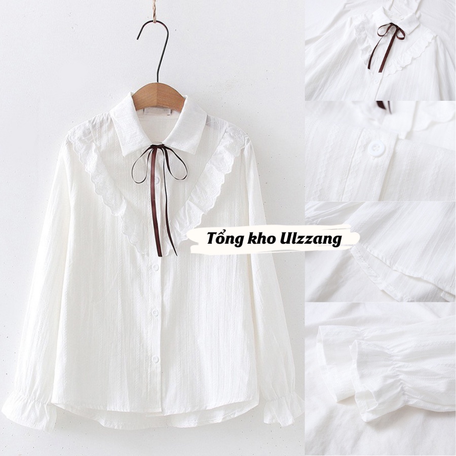 Áo sơ mi tiểu thư phối ren thắt nơ xinh