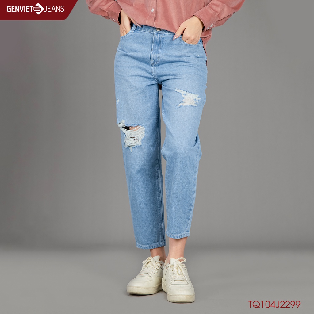 Quần Jeans Nữ Genviet Bò Jean Baggy Rách Gối Đùi Cạp Cao Chất Bò Mềm Cao Cấp TQ104J2299