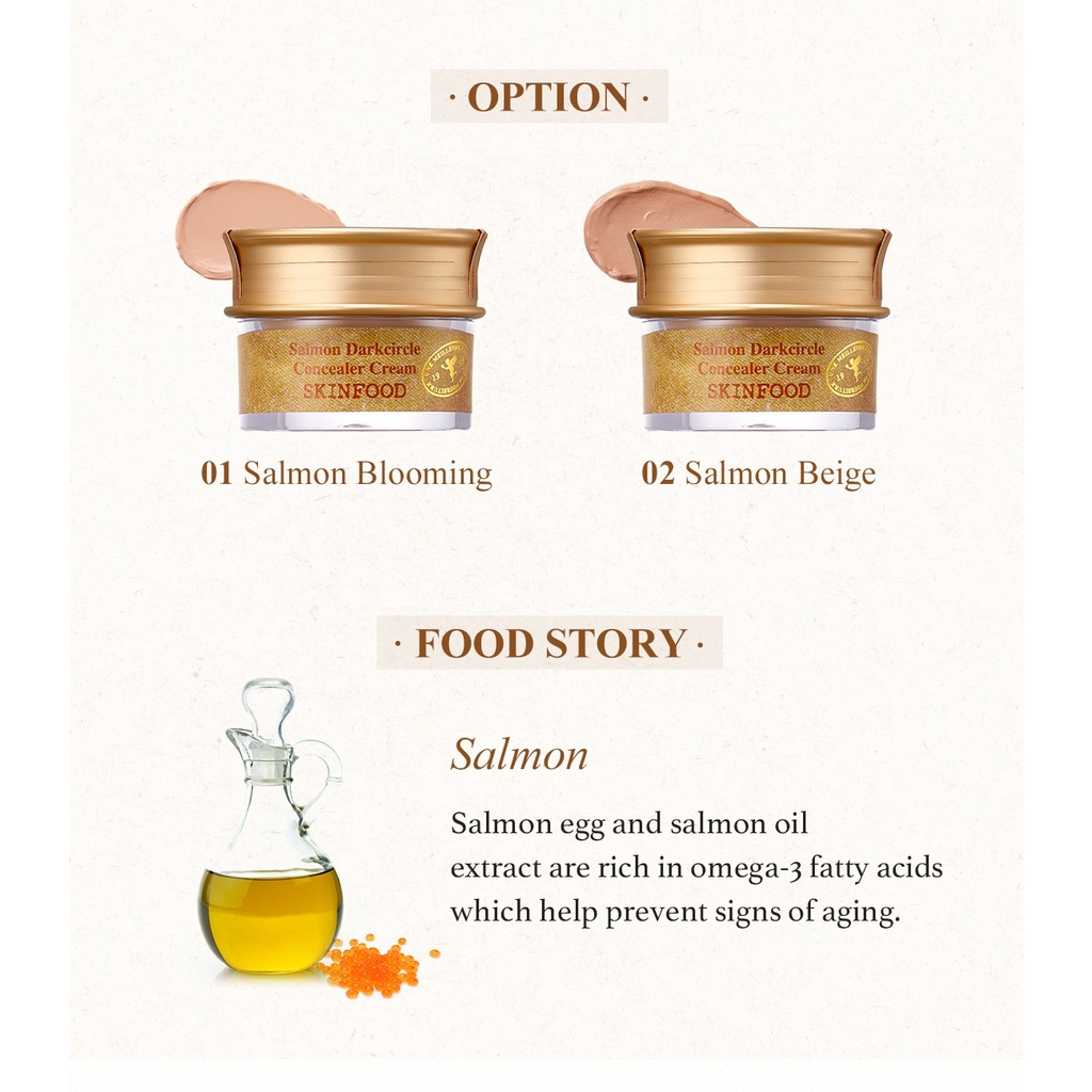 Kem che khuyết điểm SKINFOOD chứa Omega 3 nuôi dưỡng xóa quầng thâm đốm đen và nếp nhăn màu beige đào và tối 10g