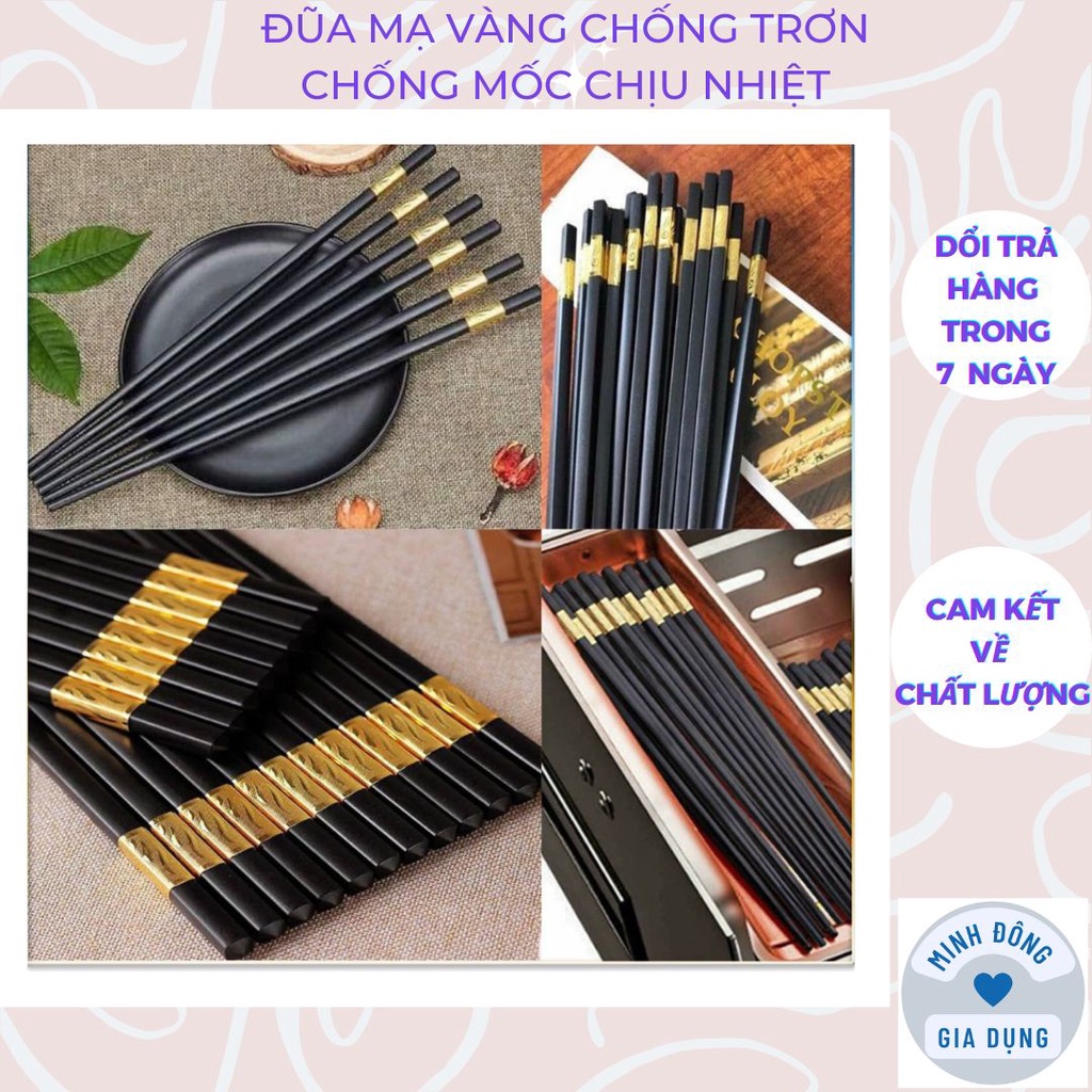 Đũa ăn cơm mạ vàng sang trọng, Bộ 10 đôi đũa ăn cơm cao cấp chống trơn chống mốc chịu nhiệt bộ 10 đôi