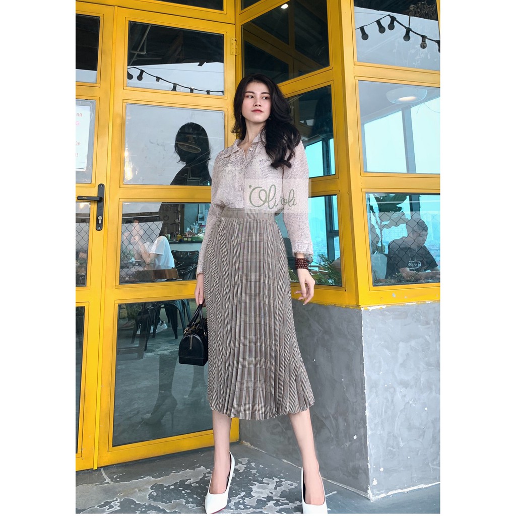 CHÂN VÁY XẾP LY  caro xám ghi Olioli Fashion