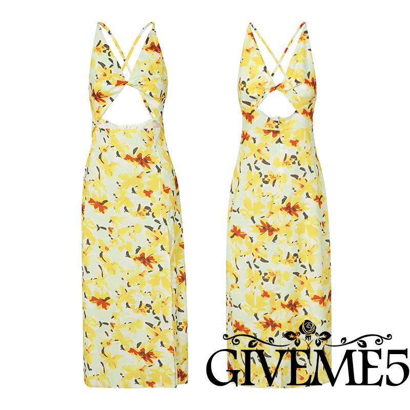 Đầm Hoa Xẻ Tà Cổ Chữ V Khoét Sâu Hở Lưng Size S/M/L/XL Cho Nữ