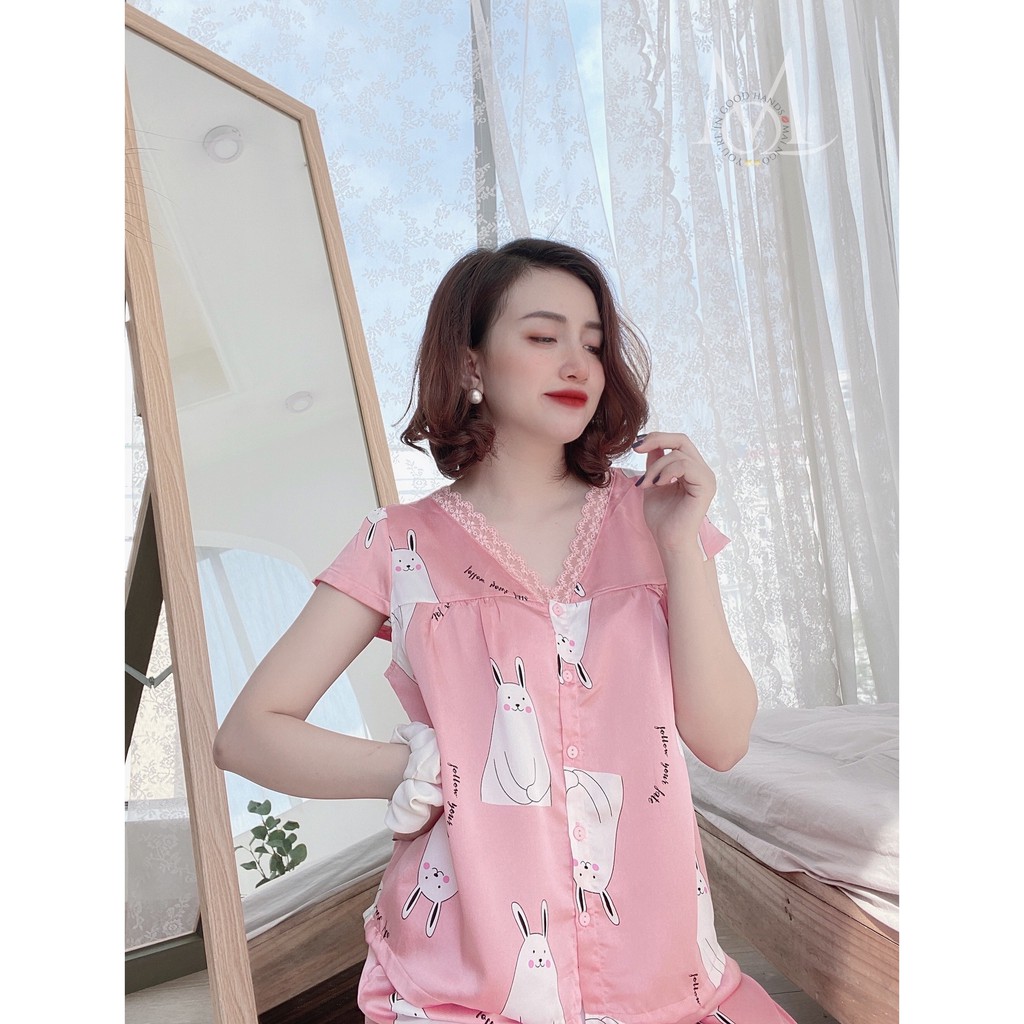 BỘ ĐỒ NỮ MẶC NHÀ ÁO CỘC TAY QUẦN DÀI CHẤT LỤA SATIN CỔ V