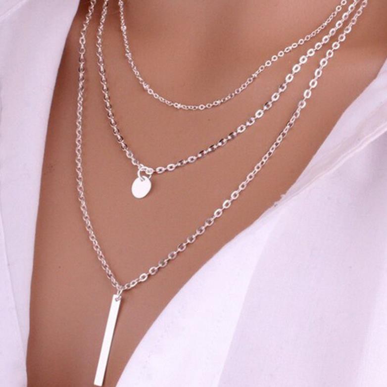 Vòng cổ kim loại nhiều lớp thời trang nữ mặt thanh dọc kèm khuyên tròn C025