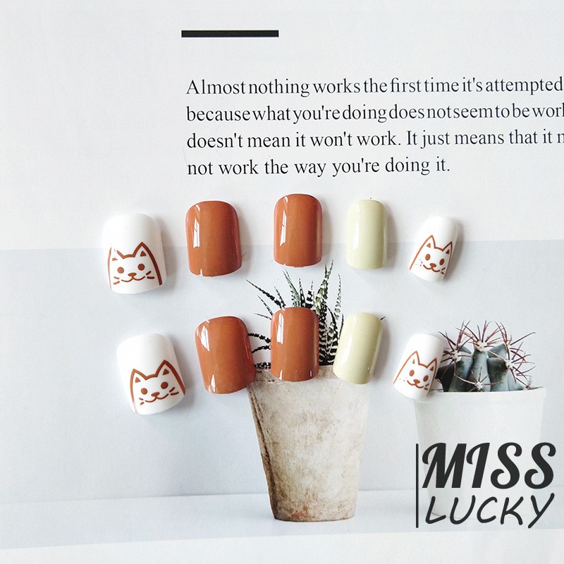 ❤HHN-VN Summer Cartoon Young Girl Heart Nail Patch Hyuna Style Cute Cartoon kitten Wave Point Students Wearable Fake Nai