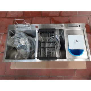 Chậu rửa bát đúc 2 hố Inox SUS 304 KOREA 100x48 Có Cài Dao, Cài Thớt, Hố đựng rác