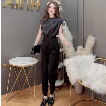 Quần tây baggy nữ công sở đi học khuy lệch màu đen cạp lưng cao ống đứng dáng âu Quần vải nữ học sinh tuyết mưa cạp cao